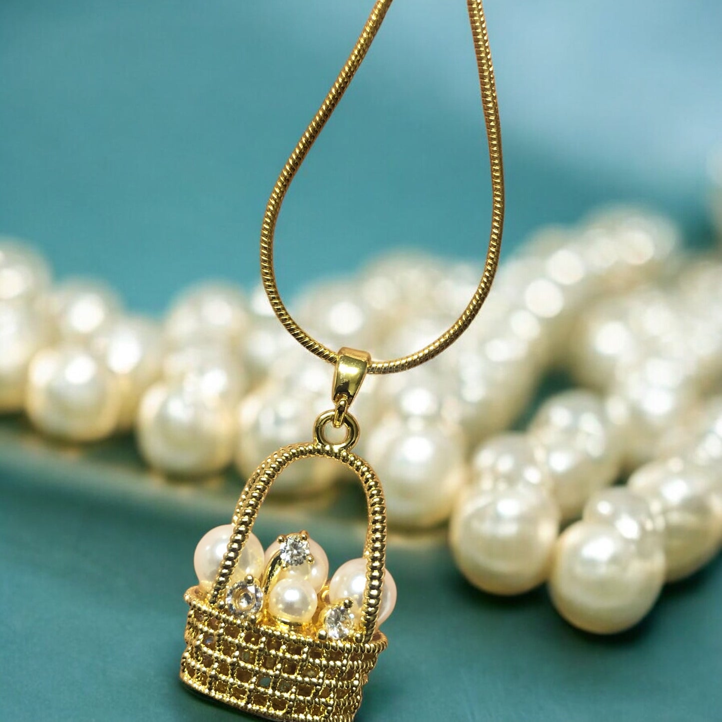 Pirinç Üzeri Altın Kaplama İncili Sepet Kolye Ucu