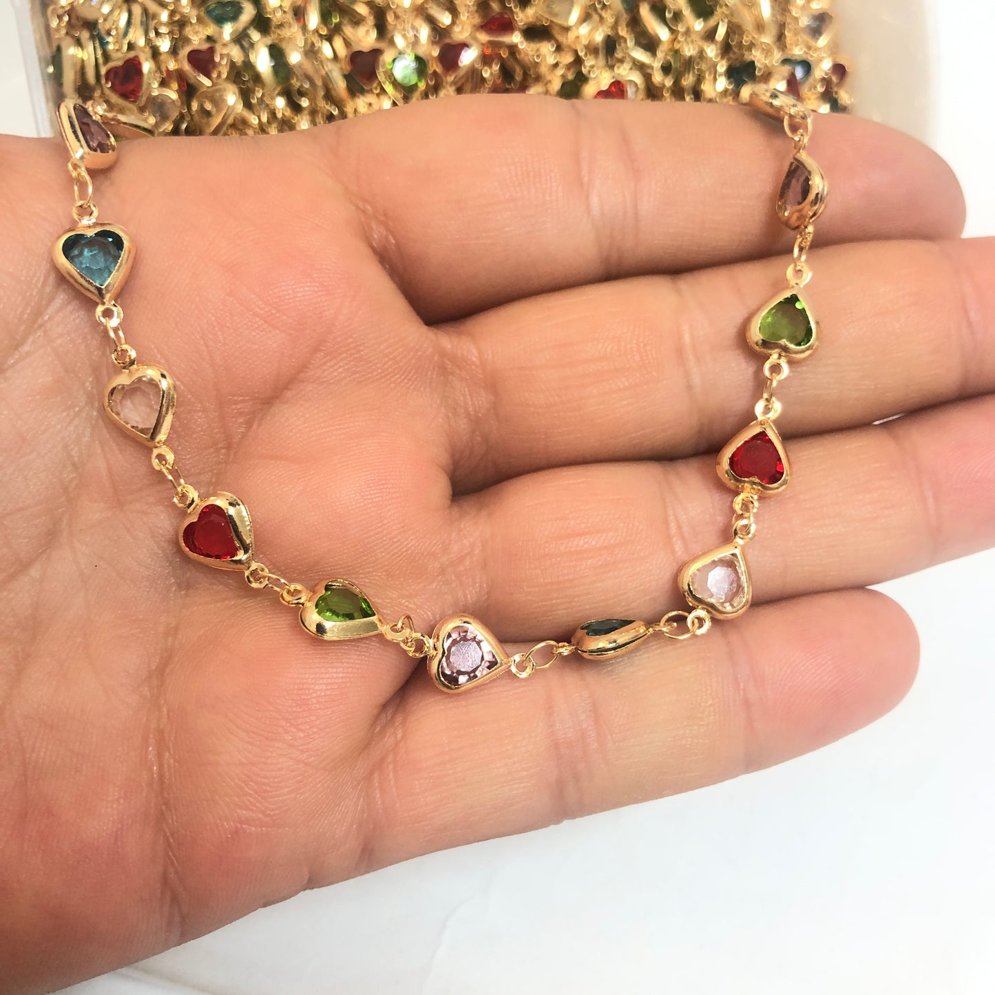 Sarı Çelik Kalp Taşlı Zincir Dik Delikli - Mix