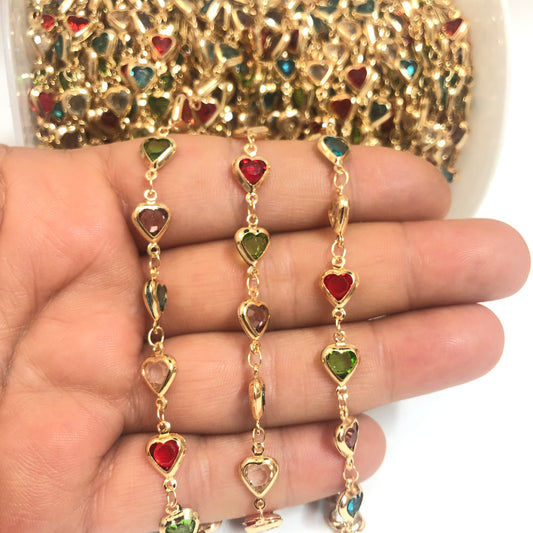 Sarı Çelik Kalp Taşlı Zincir Dik Delikli - Mix