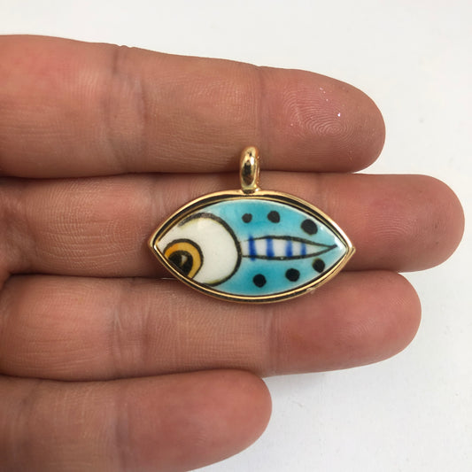 Gold Plated Framed Hand Painted Ceramic Eye Pendant-5