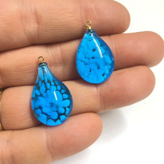 Murano Cam Desenli Büyük Damla - Mavi Beyaz