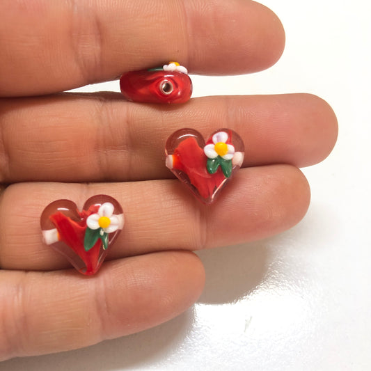 Murano Cam Çiçekli Kalp Kırmızı