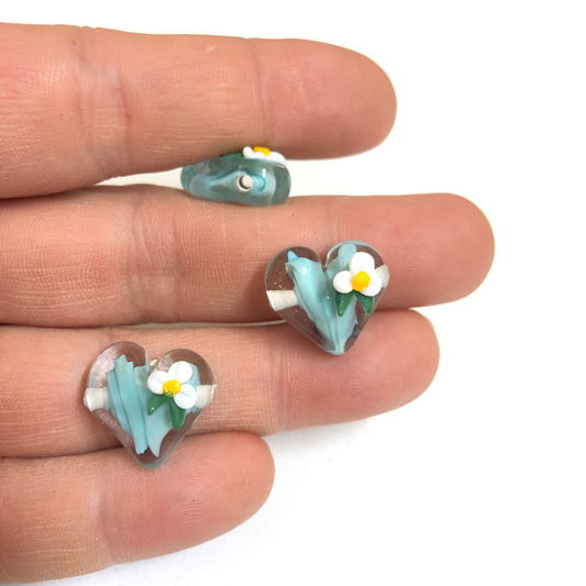 Murano Cam Çiçekli Kalp Mavi