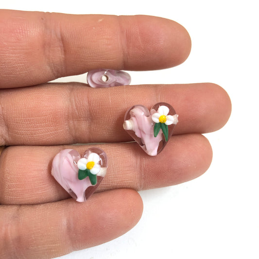 Murano Cam Çiçekli Kalp Pembe