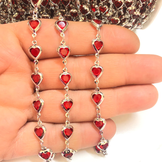 Rodyum Kaplama Kalp Taşlı Zincir Dik Delikli - Kırmızı