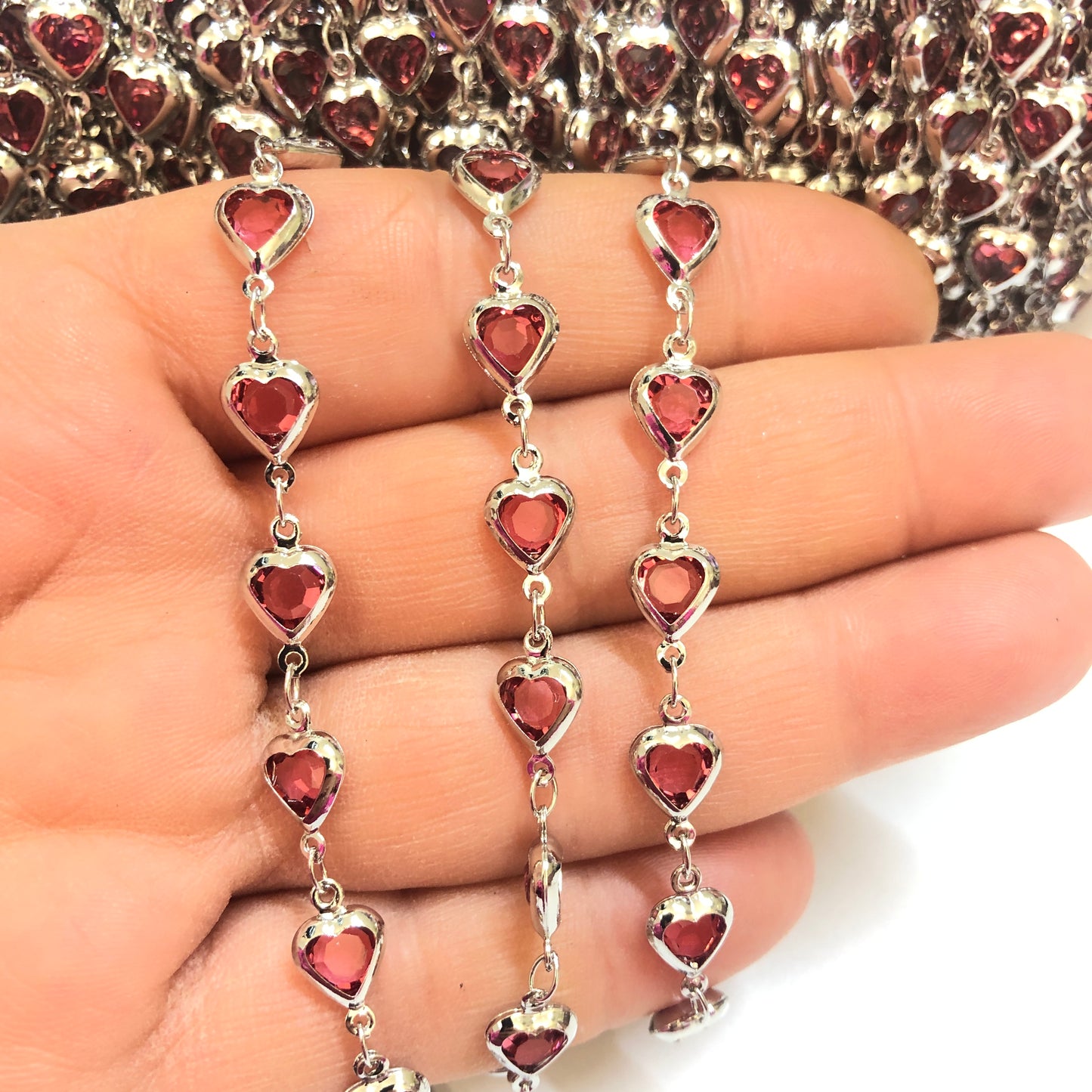 Rodyum Kaplama Kalp Taşlı Zincir Dik Delikli - Pembe