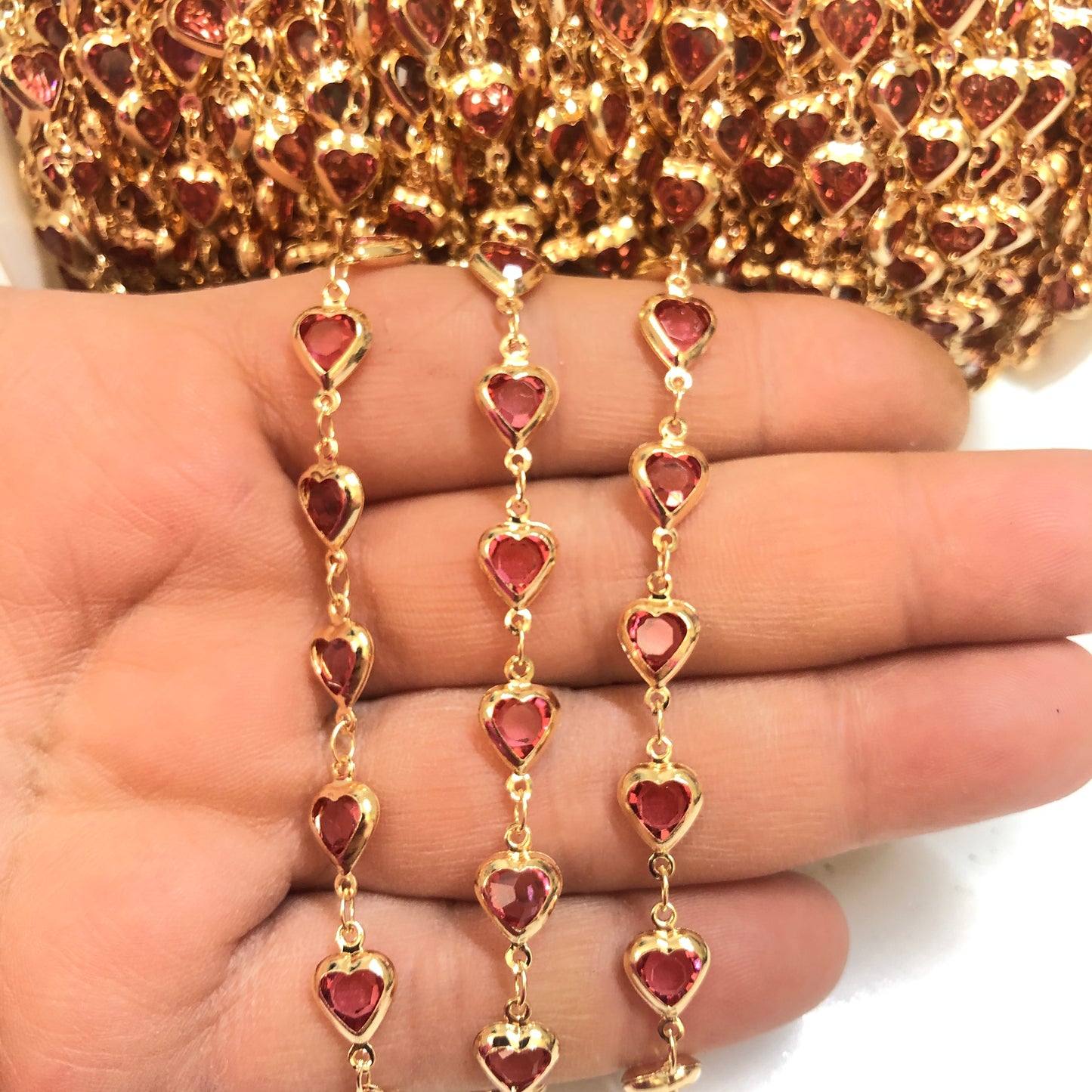 Altın Kaplama Kalp Taşlı Zincir Dik Delikli - Pembe