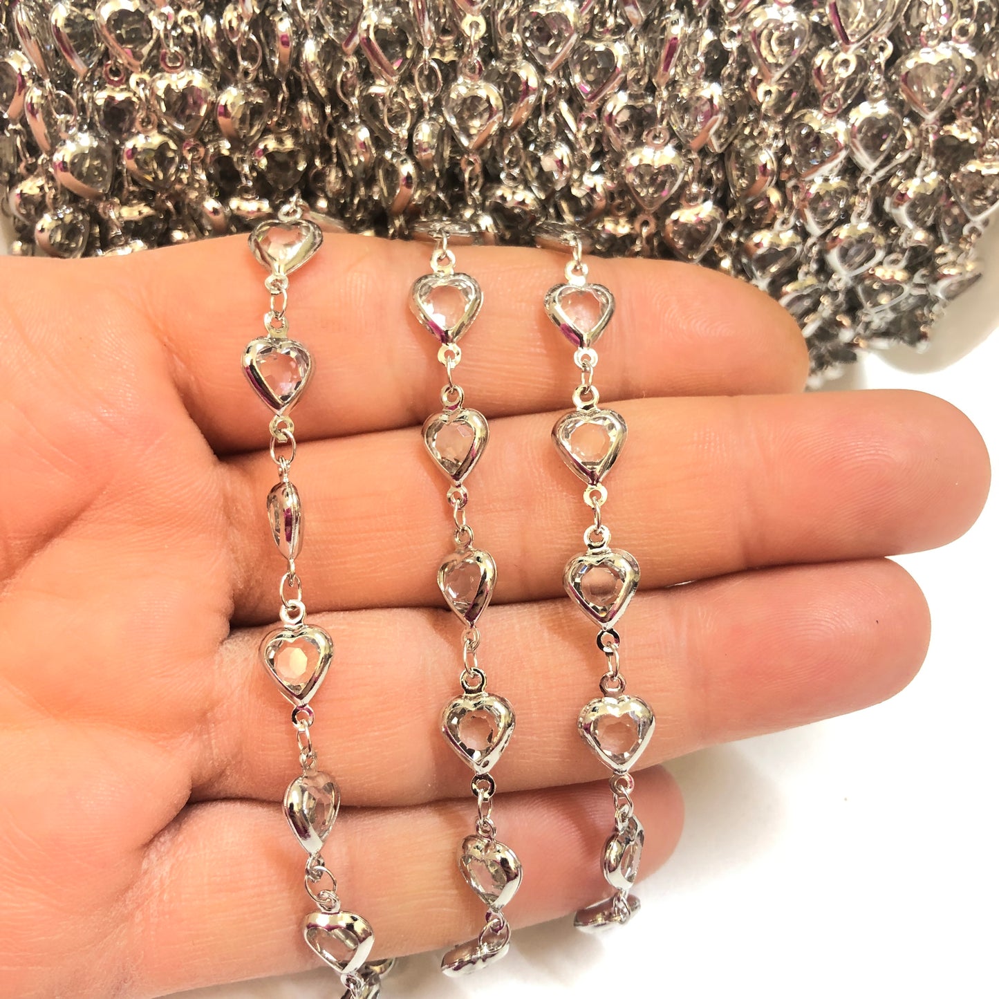 Rodyum Kaplama Kalp Taşlı Zincir Dik Delikli - Şeffaf