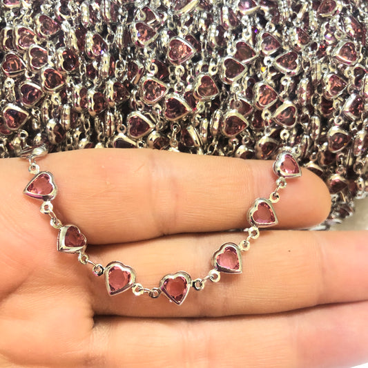 Rodyum Kaplama Kalp Taşlı Zincir Yan Delikli - Pembe