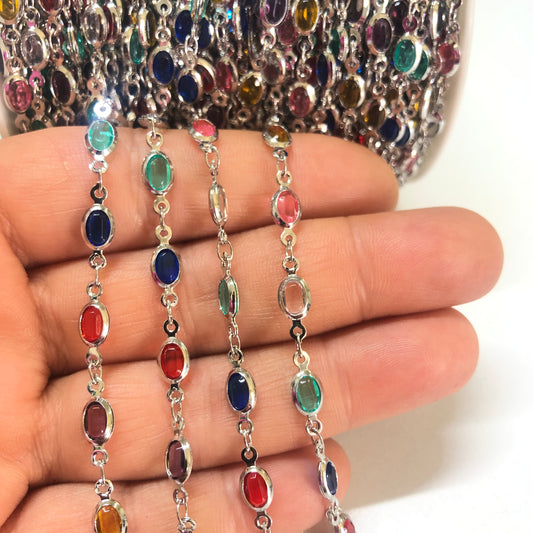 Rodyum Kaplama Oval Taşlı Zincir -Mix