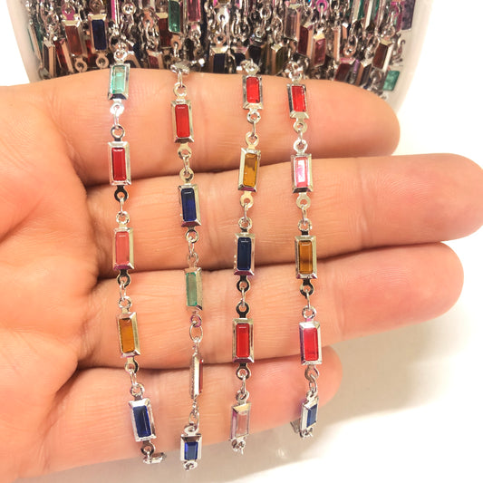 Rodyum Kaplama Dikdörtgen Taşlı Baget Zincir -Mix