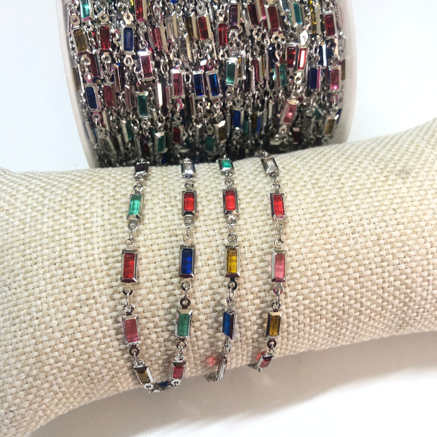 Rodyum Kaplama Dikdörtgen Taşlı Baget Zincir -Mix