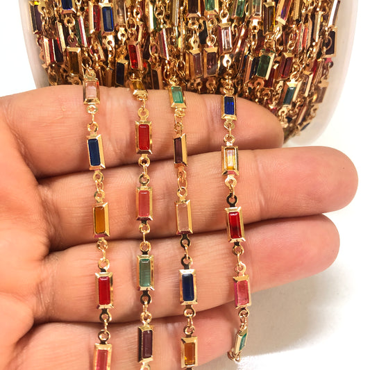 Altın Kaplama Dikdörtgen Baget Taşlı Zincir - Mix