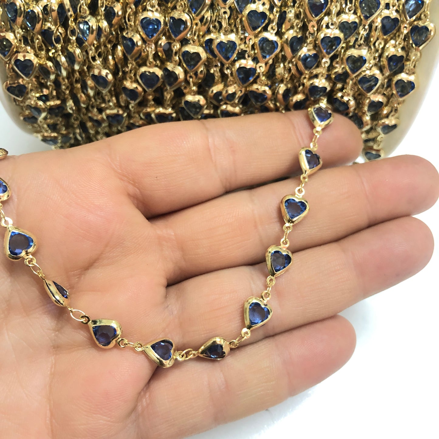 Altın Kaplama Kalp Taşlı Zincir Dik Delikli - Lacivert