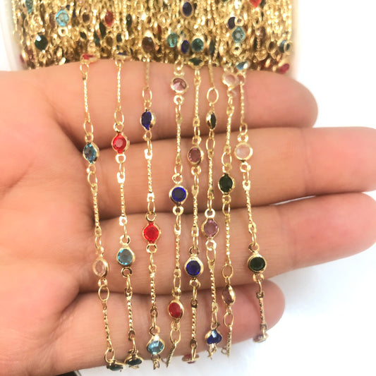 Altın Kaplama Burgulu Borulu Yuvarlak Taşlı Zincir - Mix