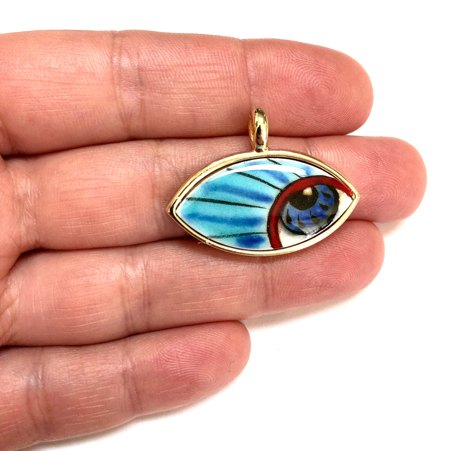 Gold Plated Framed Hand Painted Ceramic Eye Pendant-5
