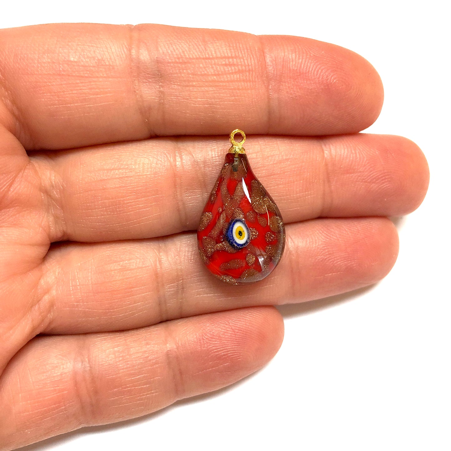 Murano Cam Desenli Simli Damla - Kırmızı