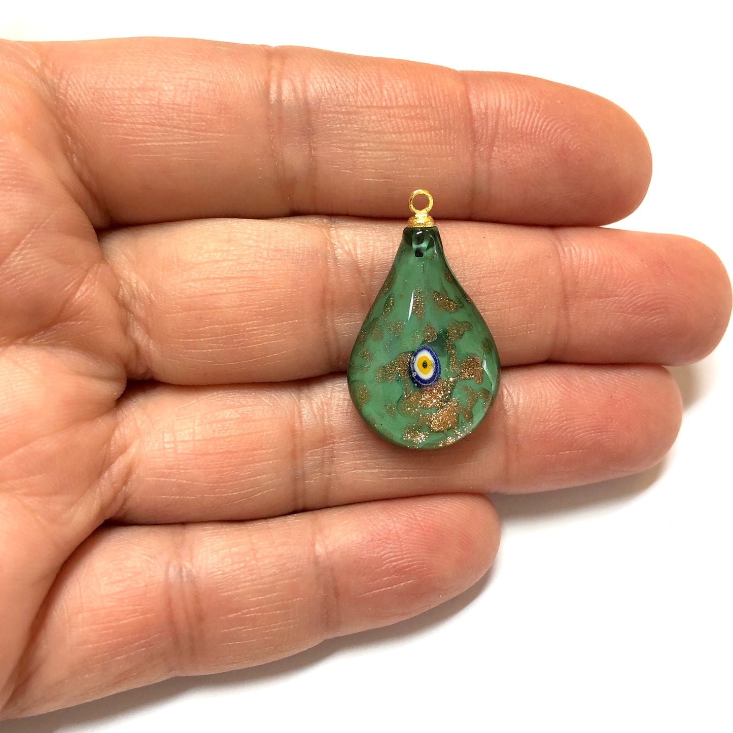 Murano Cam Desenli Simli Damla - Yeşil