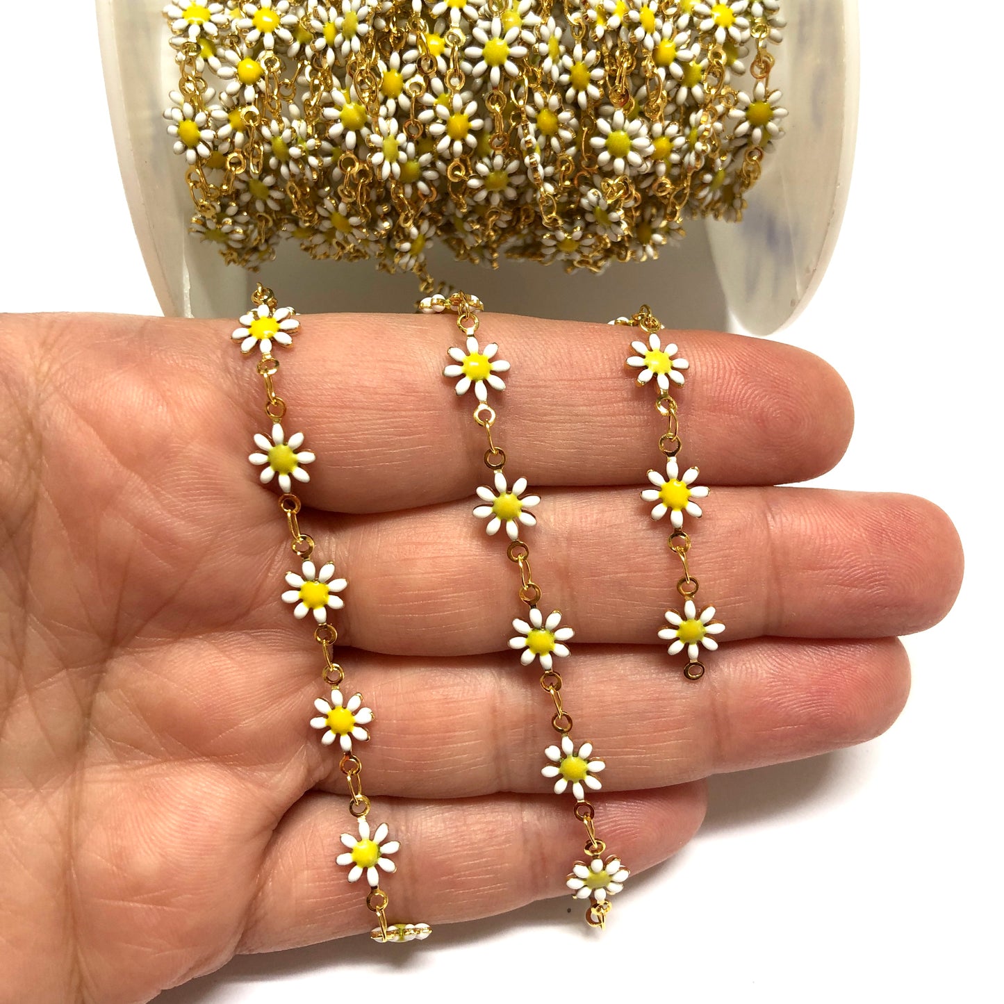 Altın Kaplama Mineli Papatya Zincir - Beyaz