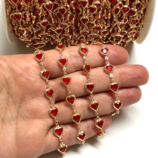Sarı Çelik Kalp Taşlı Zincir Dik Delikli - Kırmızı