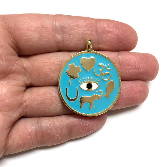 Altın Kaplama Mineli Şans Madalyon - Turkuaz