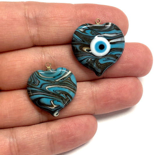 Murano Cam Ebruli Kalp Kolye Ucu