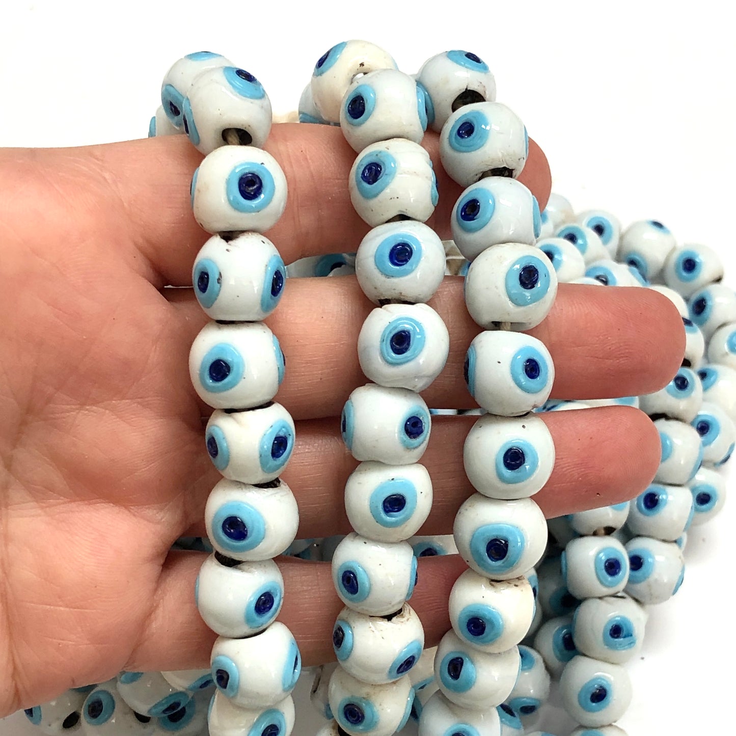 12mm Yuvarlak Cam Nazar Boncuk - Beyaz-Mavi