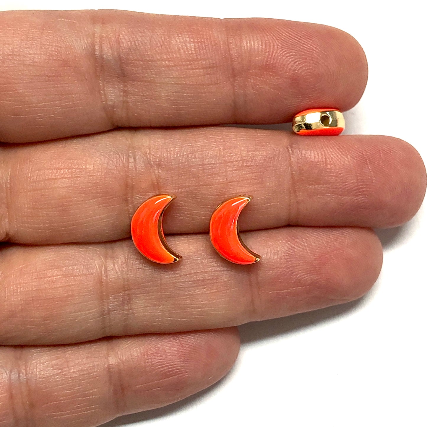 Gold Plated Double Sided Enamel Moon - Neon Orange