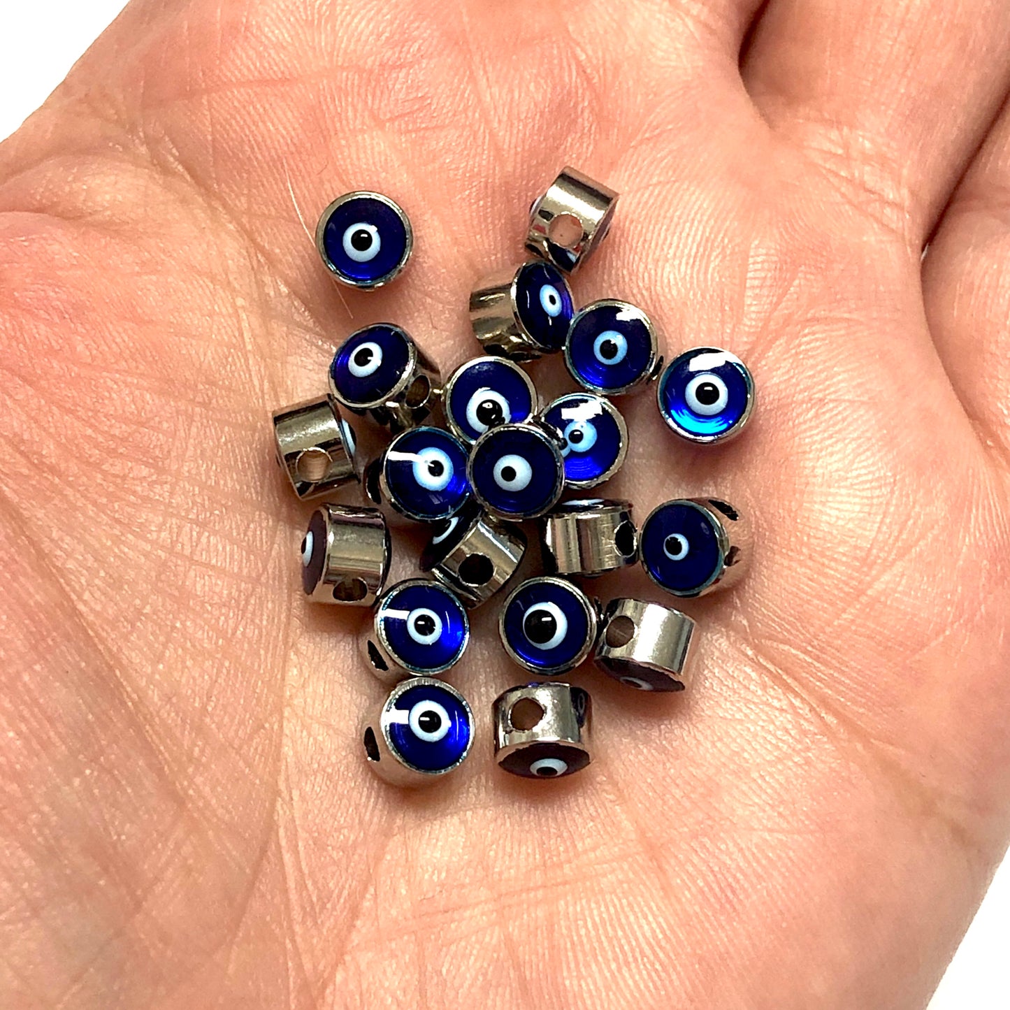 Rhodium Plated Plastered Evil Eye Beads 6mm - Parlement Blue