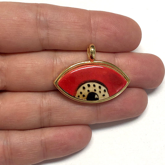 Large Gold Plated Framed Hand Painted Ceramic Eye Pendant-024