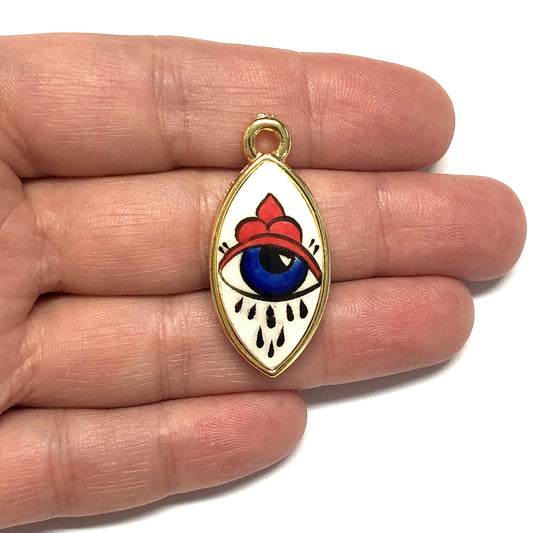 Büyük Altın Kaplama Çerçeveli El Boyaması Seramik Göz Kolye Ucu-118