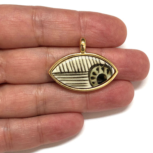Large Gold Plated Framed Hand Painted Ceramic Eye Pendant-009