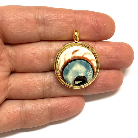 Yuvarlak Altın Kaplama Çerçeveli El Boyaması Seramik Göz Kolye Ucu-120