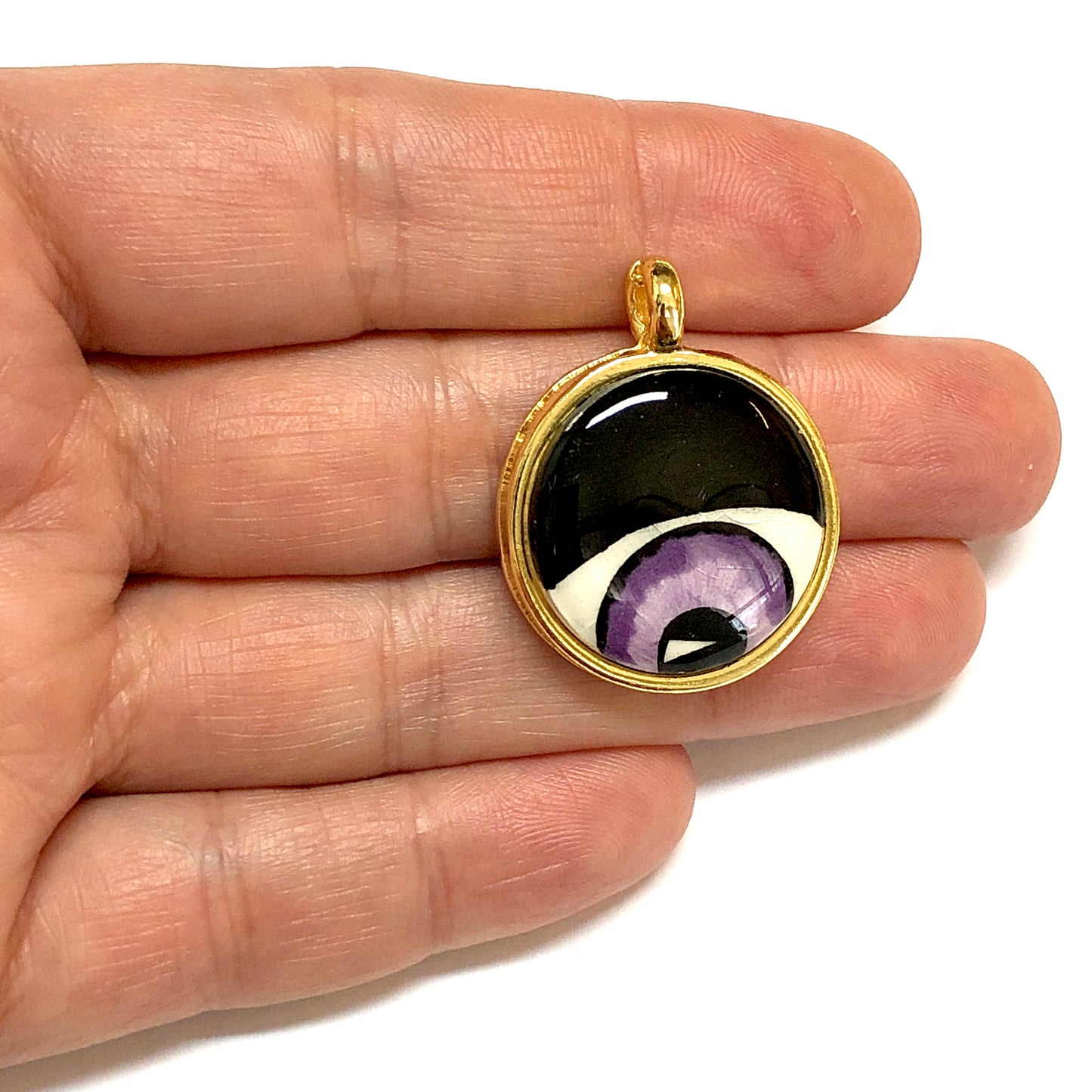 Yuvarlak Altın Kaplama Çerçeveli El Boyaması Seramik Göz Kolye Ucu-124