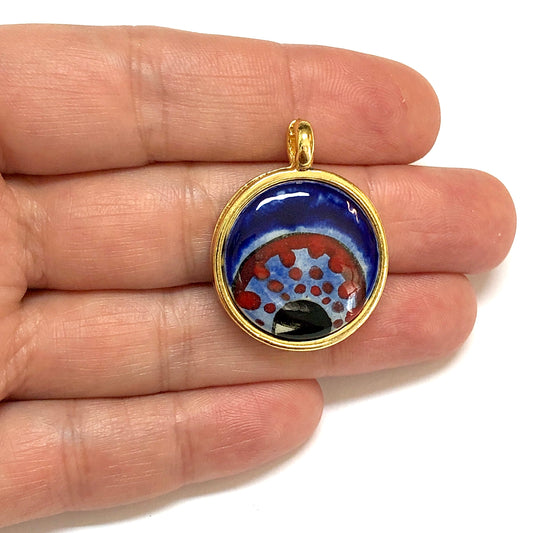 Yuvarlak Altın Kaplama Çerçeveli El Boyaması Seramik Göz Kolye Ucu-127