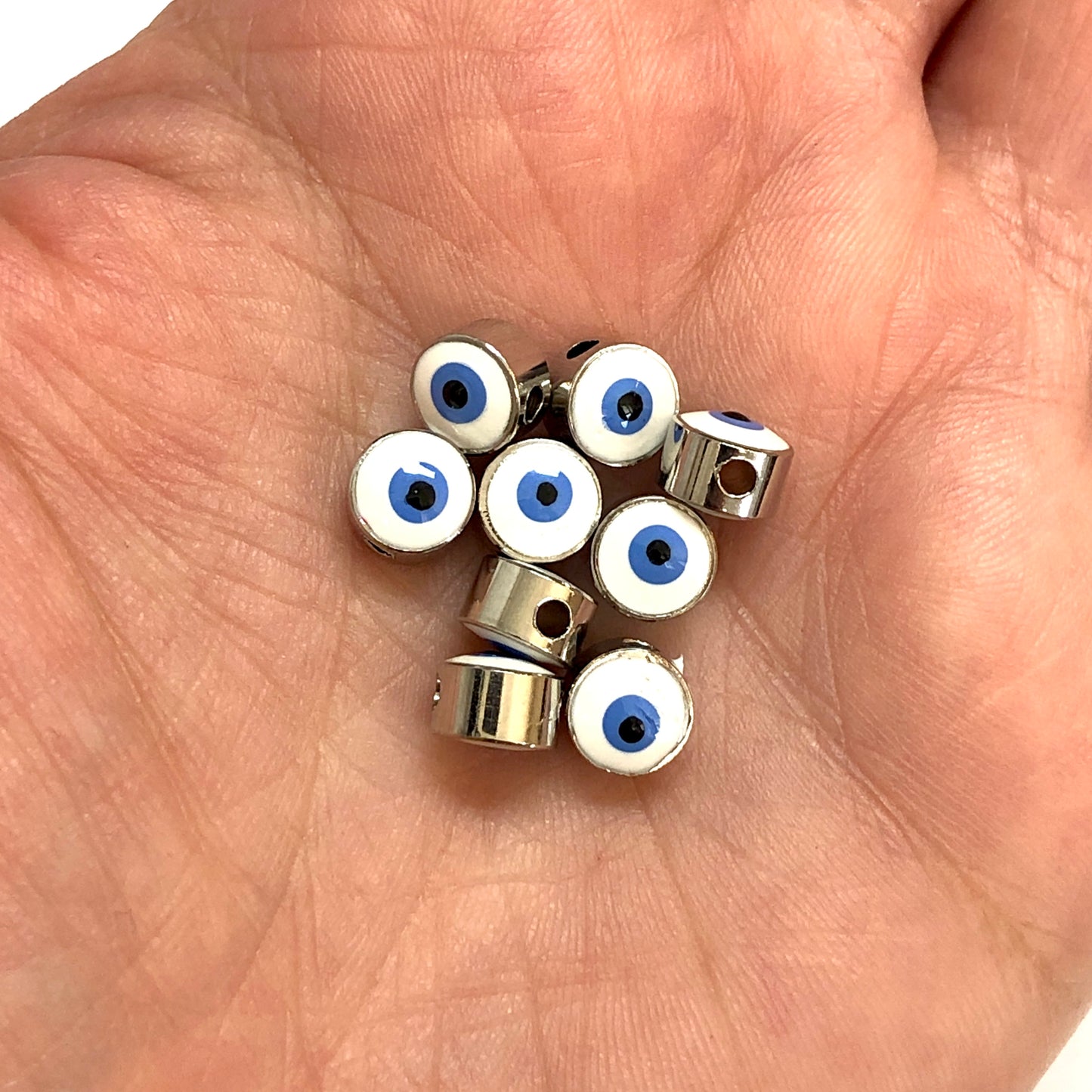 Rhodium Plated Plastered Evil Eye Beads 7mm - White