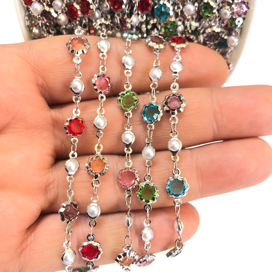 Rodyum Kaplama İncili & Taşlı Çiçek Zincir -Mix