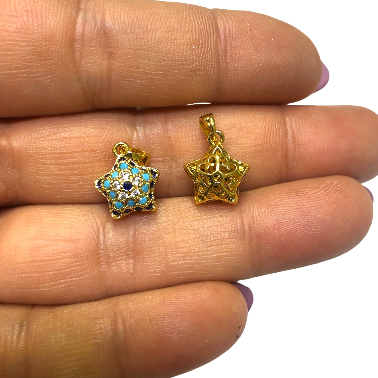 Altın Kaplama Renkli Zirkon Taşlı Nazar Boncuğu - Yıldız 12mm