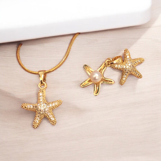 Altın Kaplama Çift Katlı Zirkon Taşlı Deniz Yıldızı Kolye Ucu