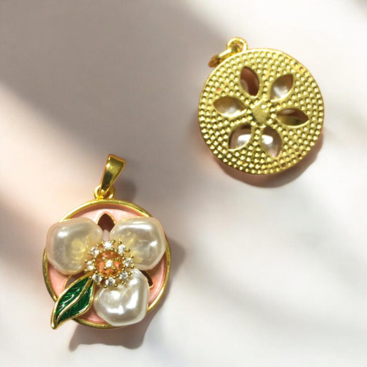 Altın Kaplama Zirkon Taşlı Mineli İncili Papatya Yuvarlak Somon