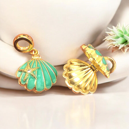 Altın Kaplama Üç Boyutlu Zirkon Taşlı Mineli İstiridye Kolye Ucu-Turkuaz