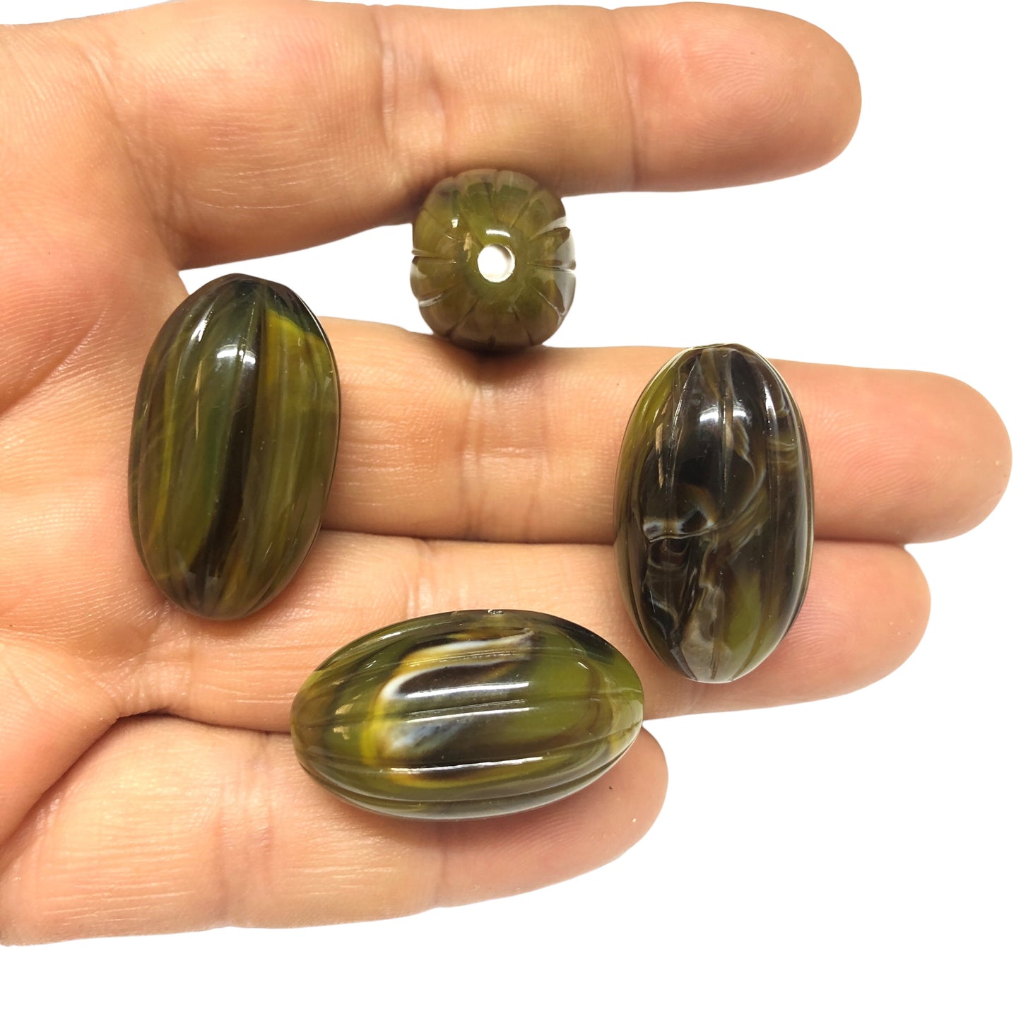 A Kalite Akrilik Çizgili Oval 17x29mm--Ebruli Haki Yeşil