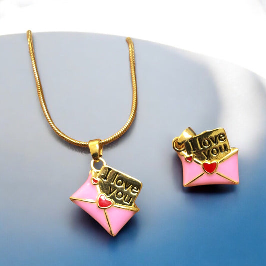 Altın Kaplama Mineli ''I Love You'' Kolye ucu- Pembe