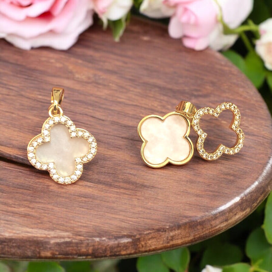 Altın Kaplama Çift Katlı Zirkon Taşlı & Mineli Yonca Kolye Ucu