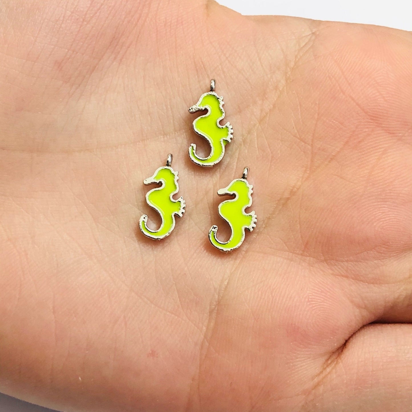 Rhodium Plated Enameled Seahorse Rocking Bracket - Neon Yellow