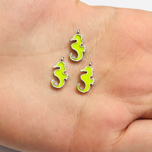 Rhodium Plated Enameled Seahorse Rocking Bracket - Neon Yellow