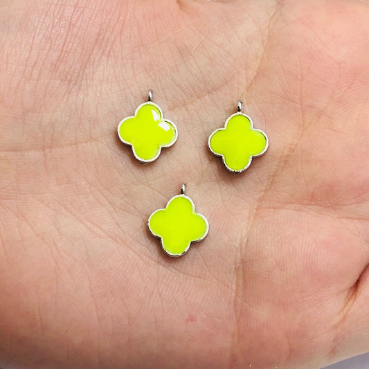Rhodium Plated Enamel Clover Shaking Attachment - Neon Yellow