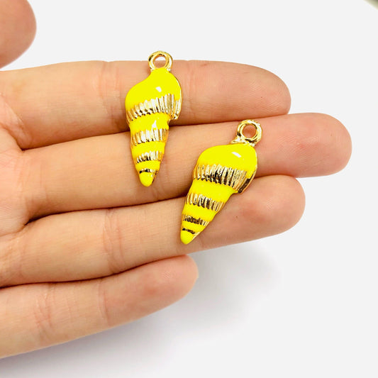 Gold Plated Brass Enameled Mussel Pendant - Neon Yellow