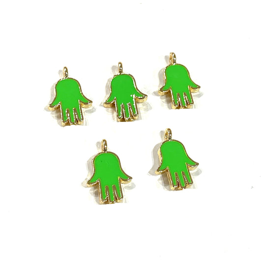 Gold Plated Enamel Mini Fatma Ana Hand Apparatus - Neon Green
