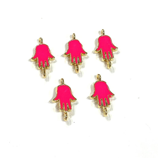Gold Plated Enamel Mini Fatma Ana Hand Bracelet Apparatus - Neon Pink